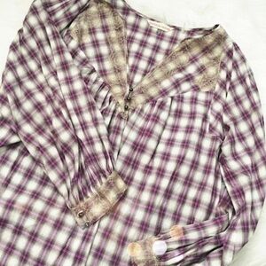 Rebecca Taylor Purple Plaid & Lace Tunic Top​​